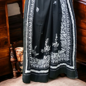 Eid new collection, best black collection,Black embroidered chiffon tunic with sheer sleeves, pearl embellishments, paired with matching straight pants and stylish sandals,Elegant and festive wear, duppata, embriodary duppata,
