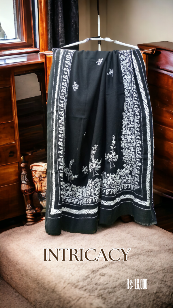 Eid new collection, best black collection,Black embroidered chiffon tunic with sheer sleeves, pearl embellishments, paired with matching straight pants and stylish sandals,Elegant and festive wear, duppata, embriodary duppata,