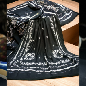 Eid new collection, best black collection,Black embroidered chiffon tunic with sheer sleeves, pearl embellishments, paired with matching straight pants and stylish sandals,Elegant and festive wear