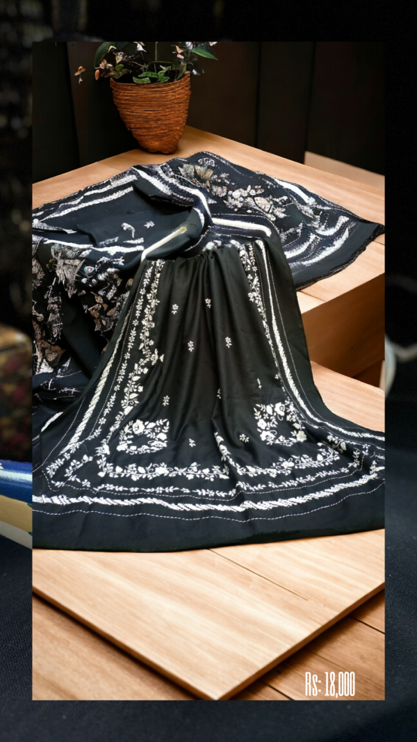 Eid new collection, best black collection,Black embroidered chiffon tunic with sheer sleeves, pearl embellishments, paired with matching straight pants and stylish sandals,Elegant and festive wear