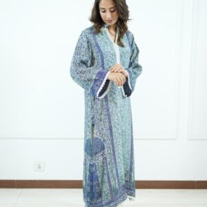 Elegant chiffon long tunic with intricate blue and purple prints, lace-trimmed sleeves, and a graceful flow, Perfect for a sophisticated look