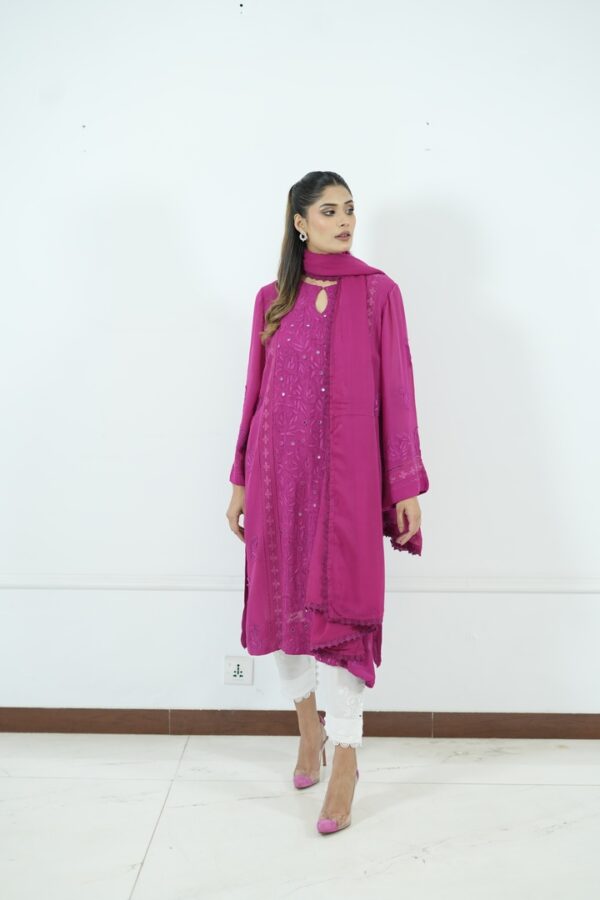 Magenta embroidered chiffon tunic with dupatta and lace pants.