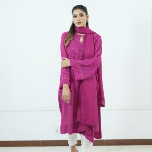 Magenta embroidered chiffon tunic with matching dupatta, paired with white lace-trimmed pants for an elegant look.