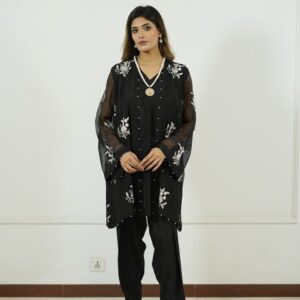 Eid new collection, best black collection,Black embroidered chiffon tunic with sheer sleeves, pearl embellishments, paired with matching straight pants and stylish sandals,Elegant and festive wear