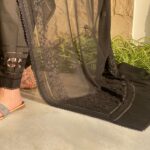 embroidery, Eid new collection, best black collection,Black embroidered chiffon tunic with sheer sleeves, pearl embellishments, paired with matching straight pants and stylish sandals,Elegant and festive wear, chiffon duppata, chaddar,