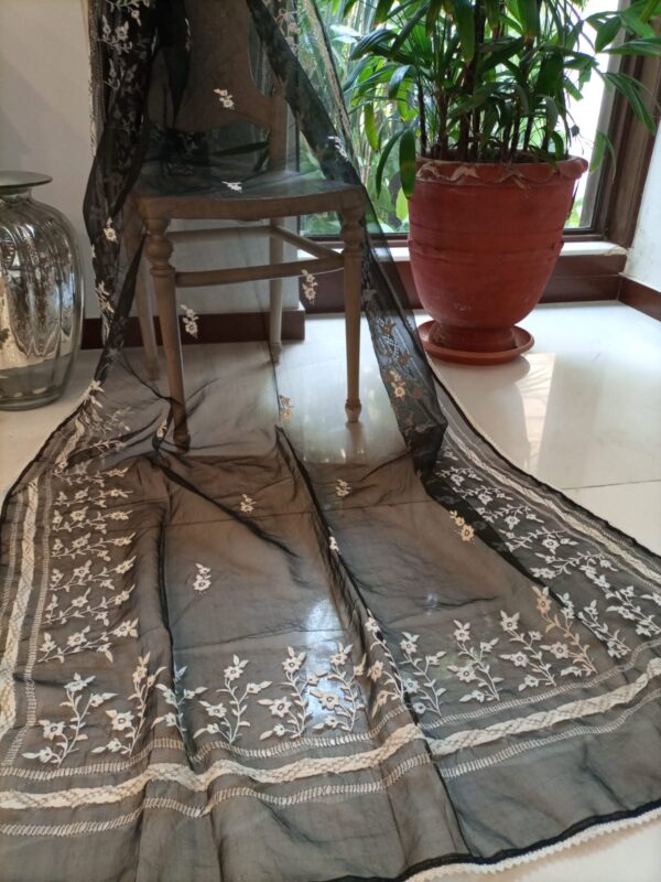 Celestial Black Dupatta, Noor-e-Siyah Dupatta, Cotton paint, tarkashi, hand made, silk shalwar, silk, embrodiery, embroidered, hand embroidered