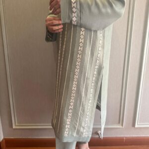 Sage green raw silk outfit with delicate embroidery and stripe detailing, paired with matching pants for a sophisticated look.