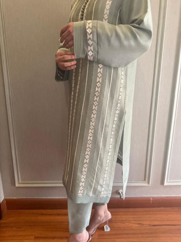 Sage green raw silk outfit with delicate embroidery and stripe detailing, paired with matching pants for a sophisticated look.