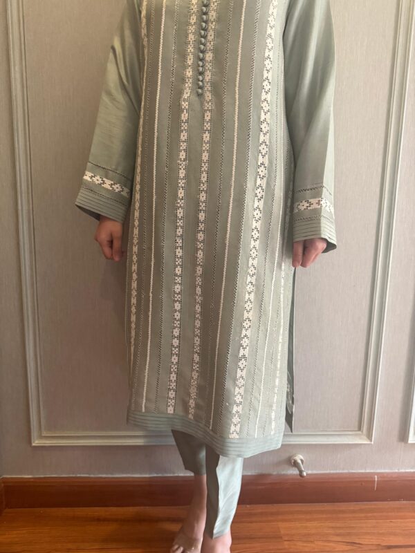 Sage green raw silk outfit with embroidered stripe detailing.