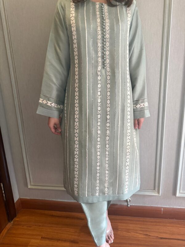 Sage green raw silk outfit with embroidered stripe detailing.