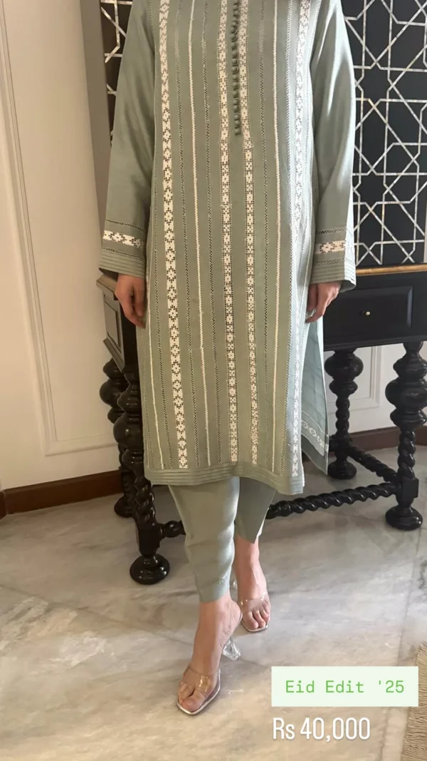 Sage green raw silk outfit with embroidered stripe detailing,